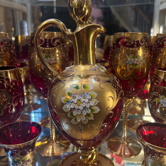 Tre Fuochi Ruby Red 24k Gold Drinking Set Murano Glass Royal Cordial Set. RARE - Picture 10 of 10